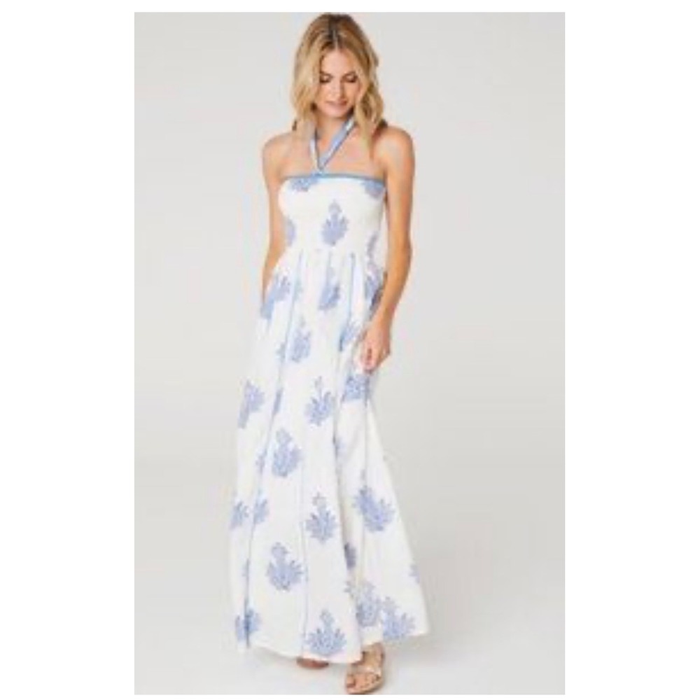 Letarte Blue White Cotton Smocked Halter Maxi Dress M NWT
